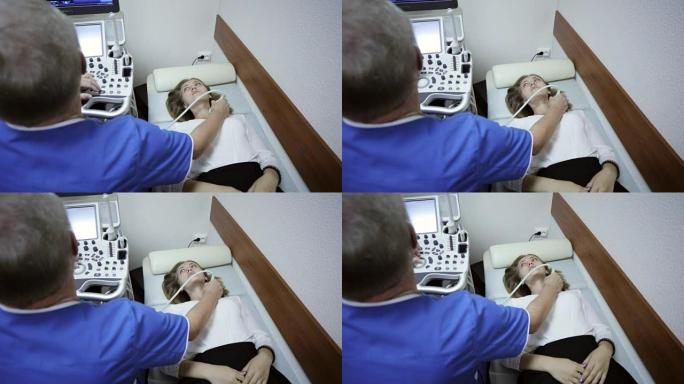 医生在医院给病人颈部做超声检查