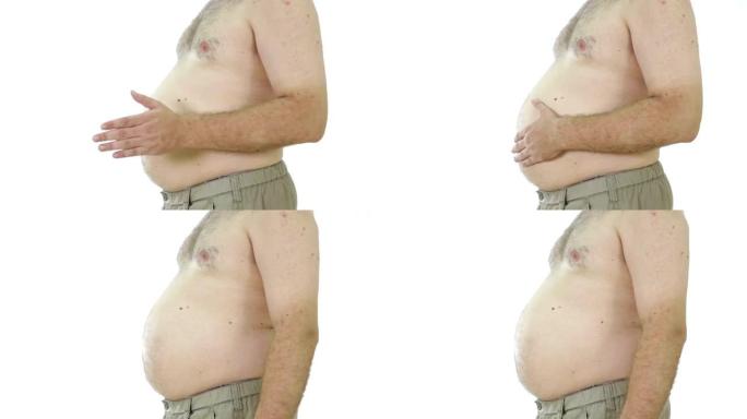 肥胖男性拍着胖肚子，侧视