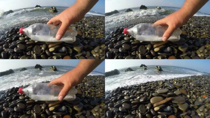 带有消息的塑料瓶在海浪慢动作的狂野海滩上冲上岸