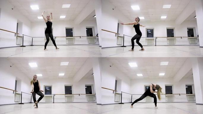 优雅的女孩在工作室里练习芭蕾舞，慢动作，旋转旋转