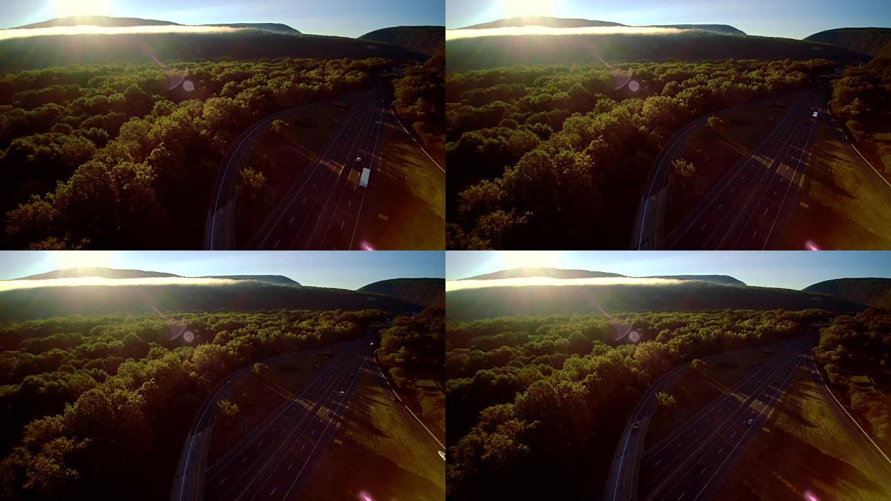 位于新泽西州和宾夕法尼亚州之间的特拉华水隙附近的I-80哥伦布高速公路。空中无人机录像。