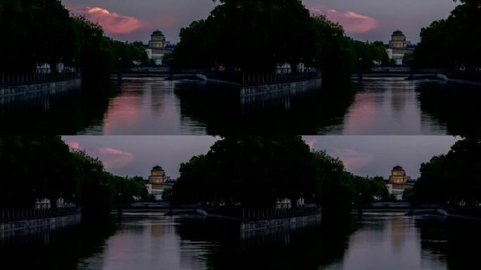 慕尼黑伊萨尔河和大桥日落时间流逝