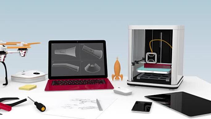 桌子上的3D打印机，笔记本电脑，平板电脑和无人机