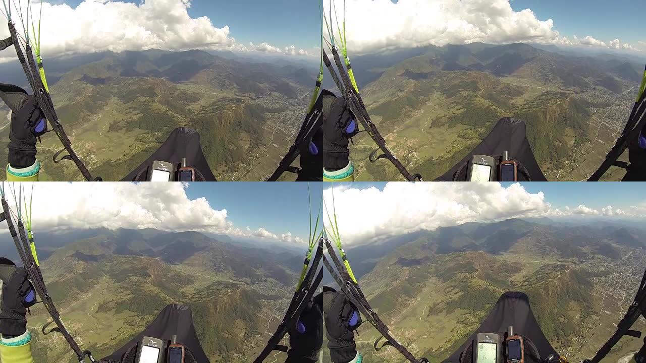 波夫滑翔伞在天空中安纳普尔纳博卡拉，尼泊尔，喜马拉雅山