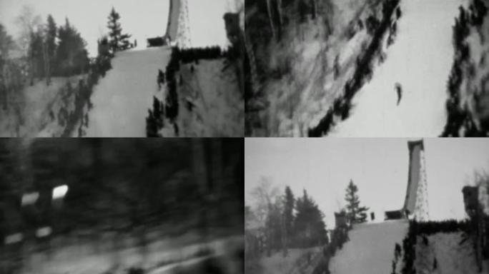1937: 冬季跳雪比赛人群队伍陡峭的山坡。