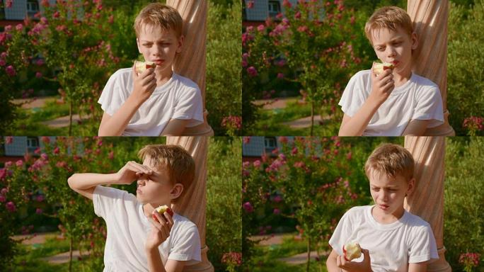 男孩吃红苹果，特写