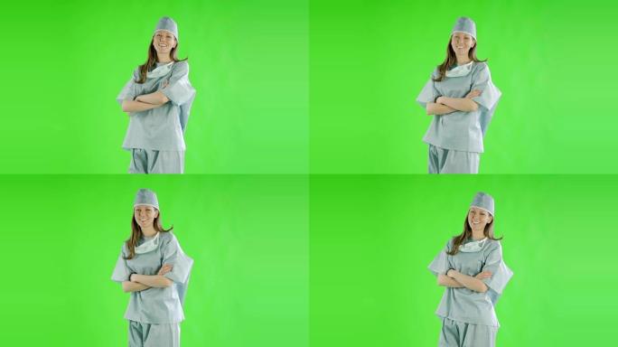 白人妇女greenscreen削减了医生保健护士的磨砂膏