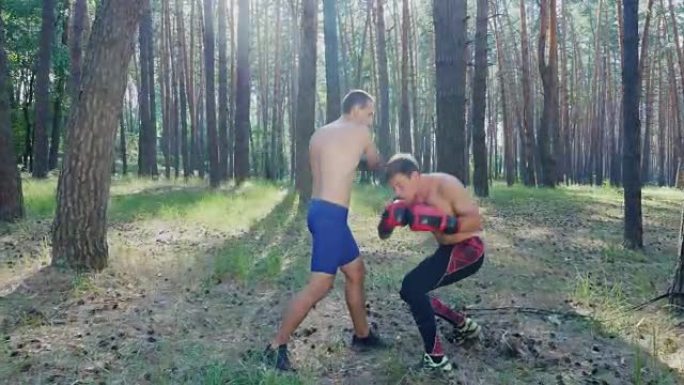 在拳击手套中，年轻的运动男子裸露，裸露的躯干，盒子，练习打击，捕捉，战斗的技术。慢动作。在松树林中，