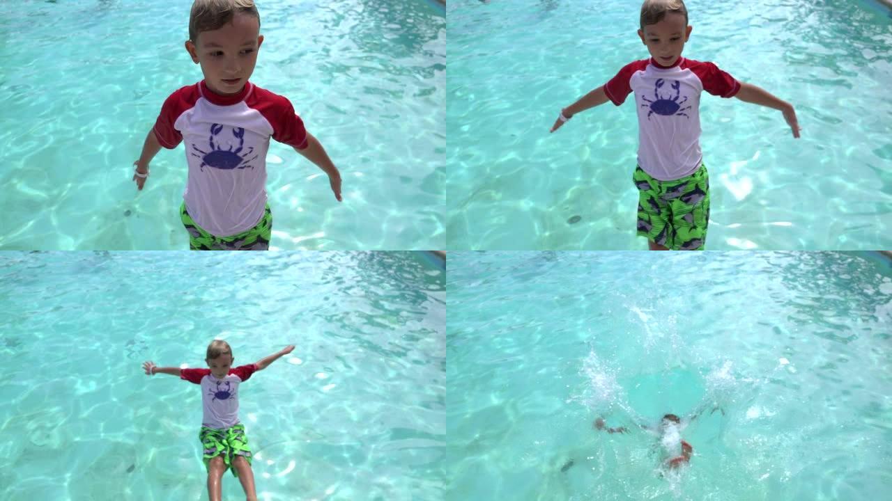 小男孩跳进游泳池慢动作