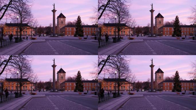 挪威特隆赫姆中心的夜景，建立镜头
