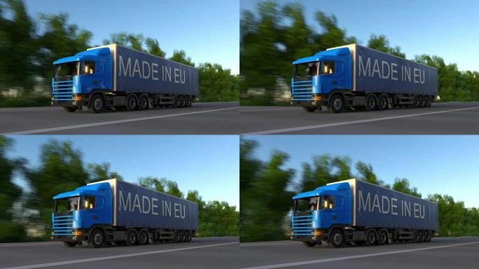 拖车上带有欧盟制造标题的超速货运半卡车。公路货物运输。无缝循环全高清剪辑