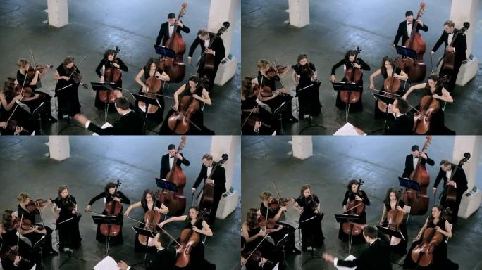 管弦乐队。在交响大厅演奏小提琴的音乐家
