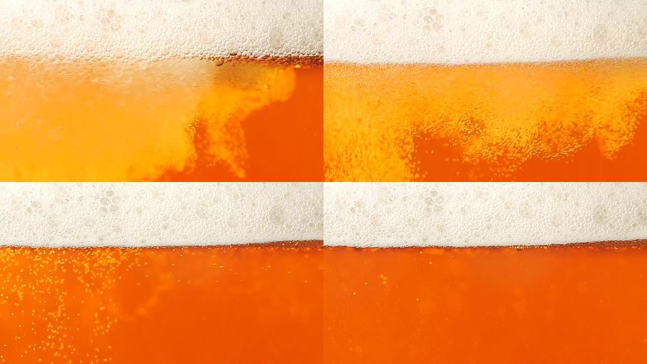 啤酒倒入玻璃杯中。特写。慢动作