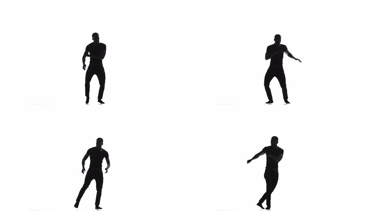 美国黑人男子舞者开始在白人的慢动作剪影上跳拉丁舞