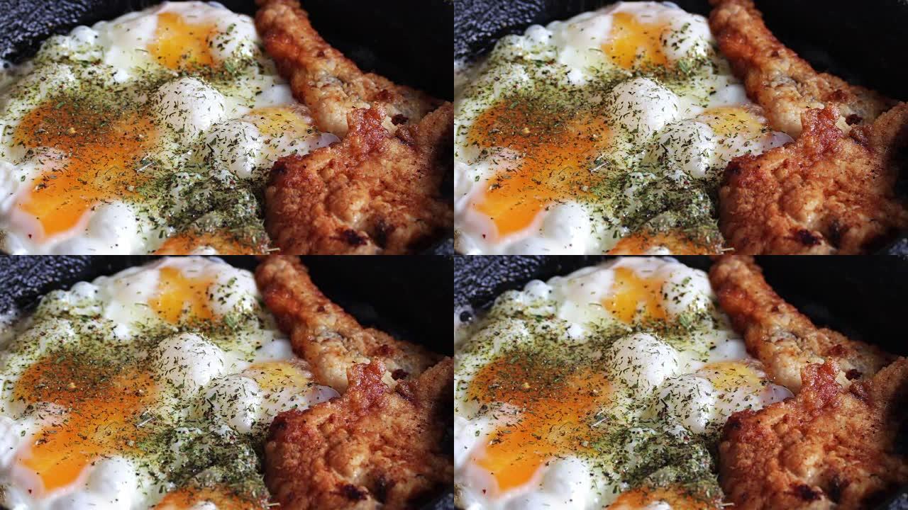 平底锅里的煎蛋和香料炸鸡块