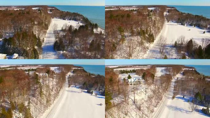 沿着密歇根湖海岸线的雪景道路