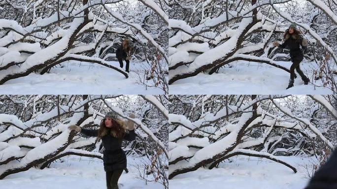 美丽受惊的女孩在白雪皑皑的森林中逃离了一个虚构的恶棍