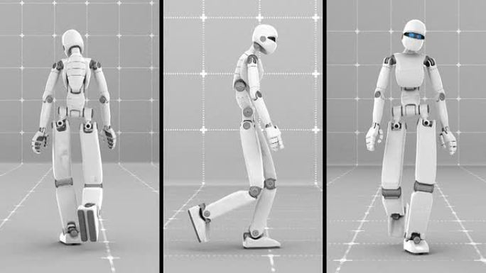 白色未来派机器人室内行走-前、侧、后视图