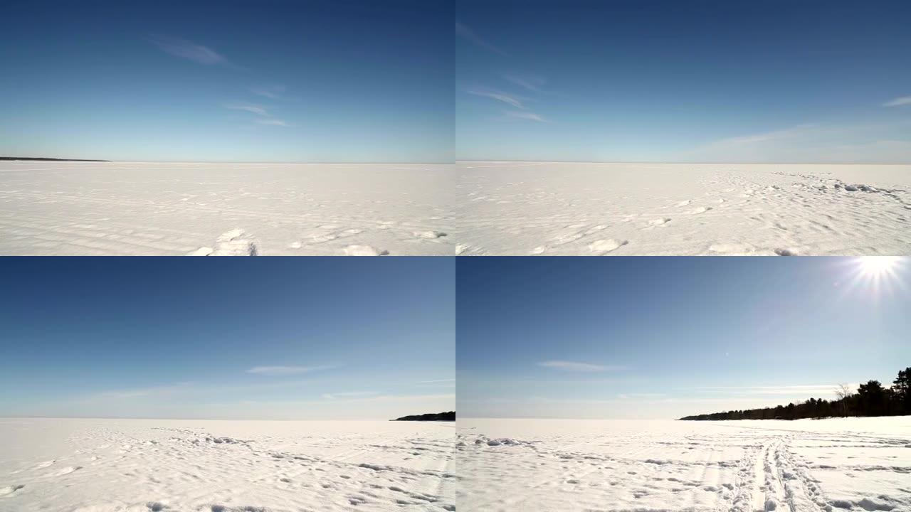 拉多加湖的白雪皑皑的全景