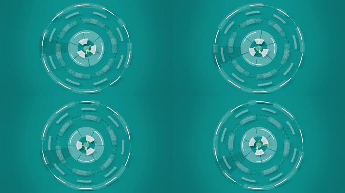 蓝色抽象的圆形动画，高科技背景与圆。未来科幻HUD效果。