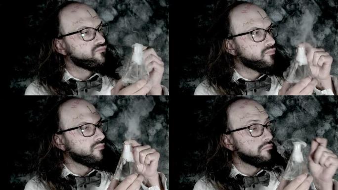 4k疯狂教授科学人看着有毒液体冒烟