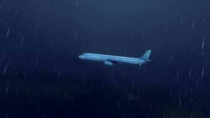 夜空中的客机在大雨中