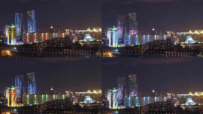 市中心和中央商务区的高架夜景，塔楼从屋顶、哈萨克斯坦、阿斯塔纳延时