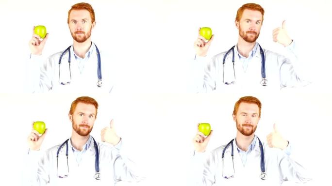 医生的肖像显示一个拇指向上的苹果，白色背景