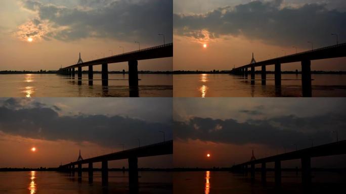 夕阳西下，泰老友谊桥湄公河上的Mukdahan和savannah