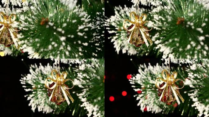 不寻常的圣诞节装饰，如贝壳-树上的水晶棕色玩具，bokeh，浅色，黑色，花环，凸轮向左移动