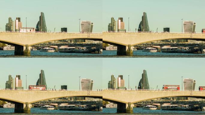 背景中伦敦金融城白天的滑铁卢桥