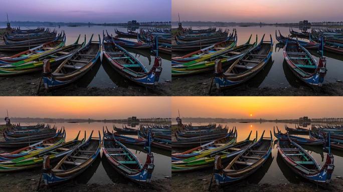 缅甸和日出标志地乌潘 (贝恩) 桥的小港口
