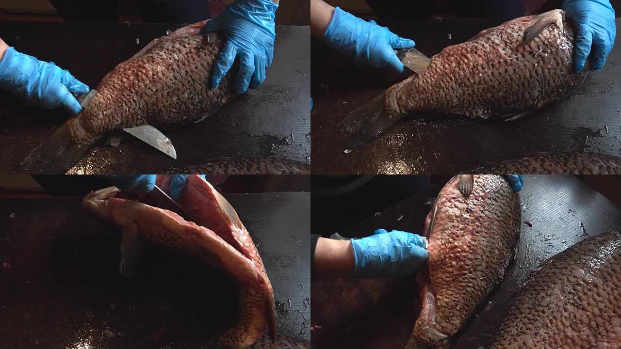 清洗和切割鲜鱼