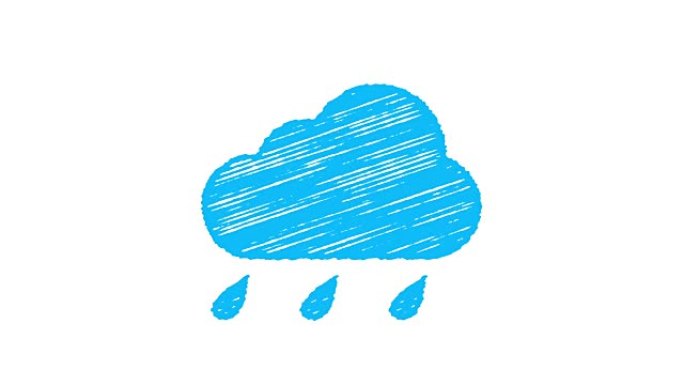 无论是图标雨，蓝色的云与粉笔画在白色的背景孤立，手绘动画4K
