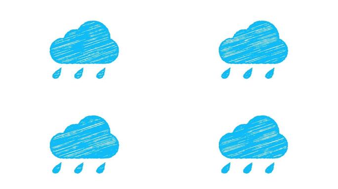 无论是图标雨，蓝色的云与粉笔画在白色的背景孤立，手绘动画4K