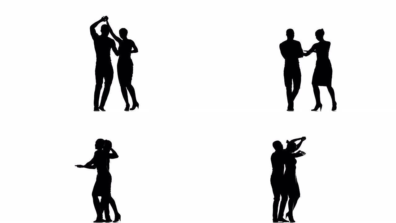 社交拉丁裔舞者，欧洲女孩和美国黑人男子开始在白色，剪影上跳舞