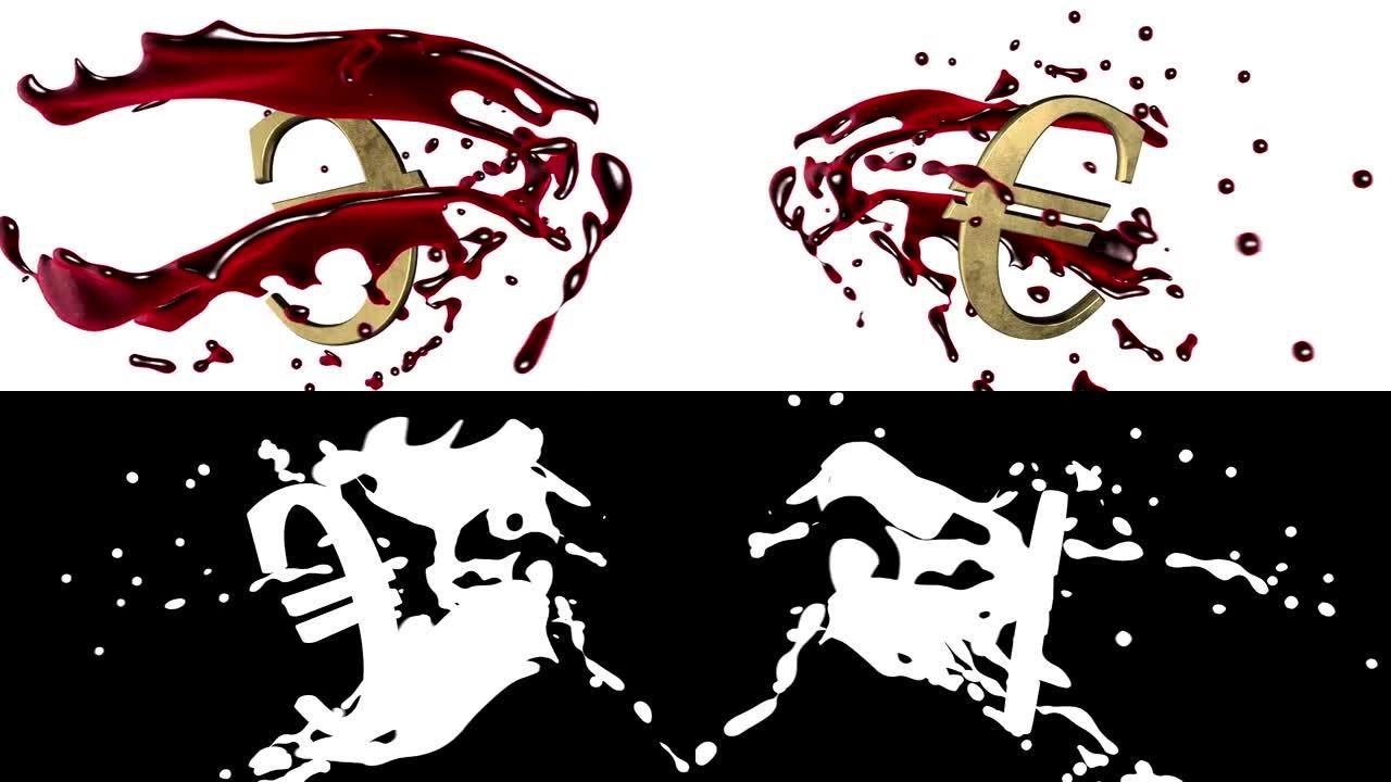循环动画背景: 3d红色-猩红色的血溅围绕白色背景上金色欧元的符号旋转。4k。无缝循环。阿尔法哑光。
