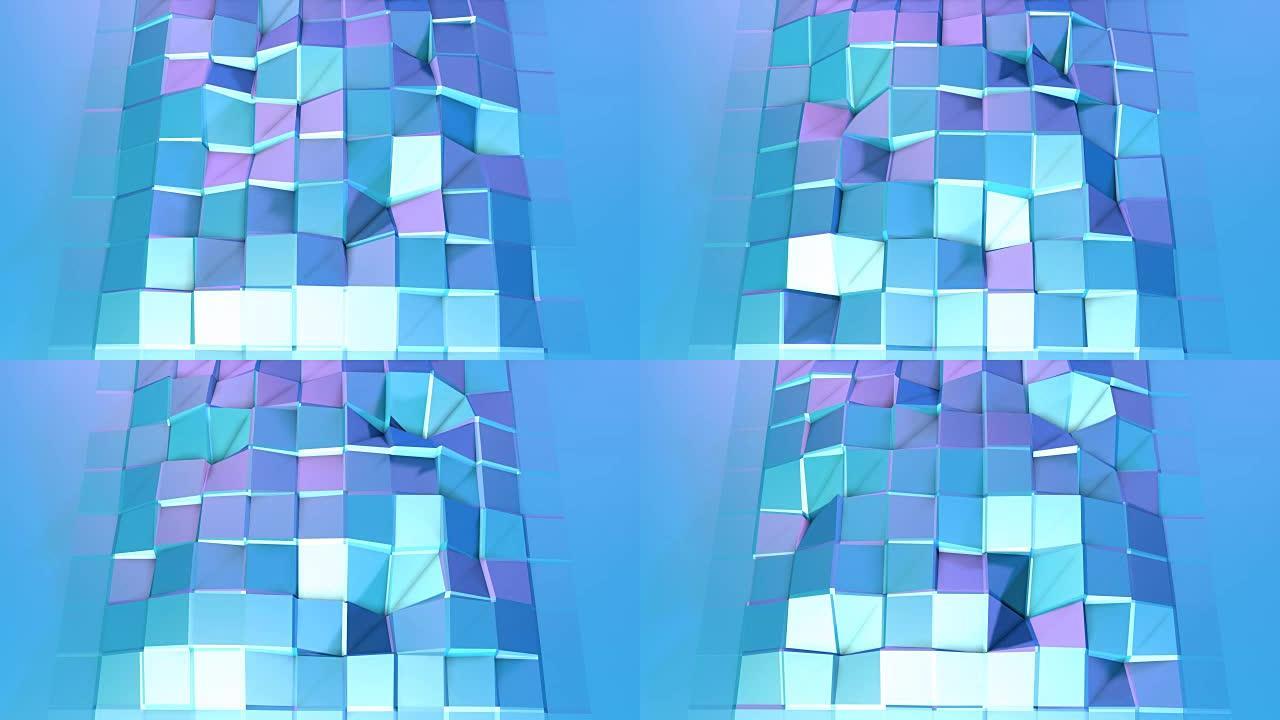 抽象简单的蓝紫色低聚3D表面作为独特的背景。柔和的几何低聚运动背景与纯蓝紫色多边形。4k全高清无缝循