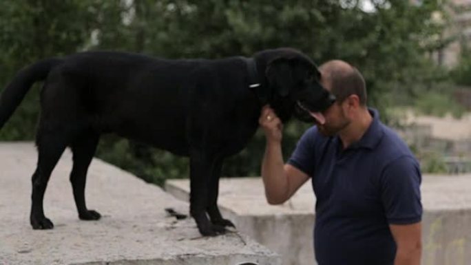 该男子用黑色拥抱他的狗