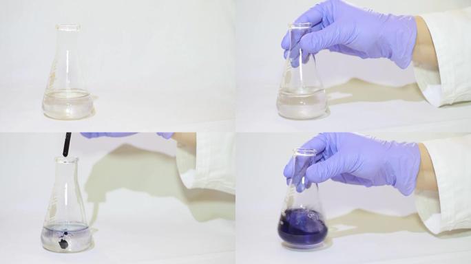 一只手将一些化学品放入一个锥型烧瓶中检查水的硬度，水变成蓝色，这意味着它是软的
