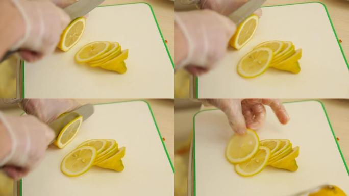 人类切割柠檬的特写