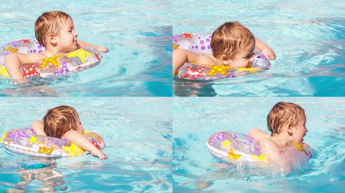 孩子学会使用塑料水环游泳