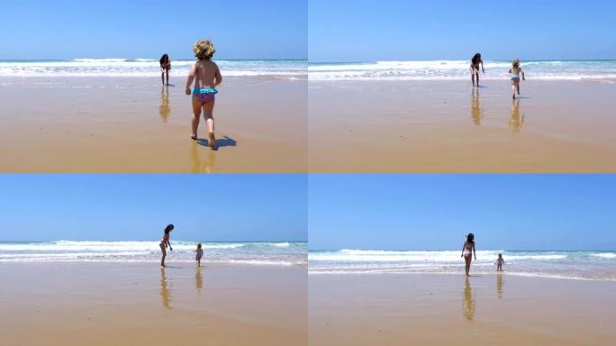 慢动作婴儿在海滩上奔向母亲