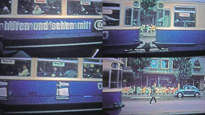 德国汉堡——1966年:通勤轻轨列车特写展示了早期公共交通广告的使用。