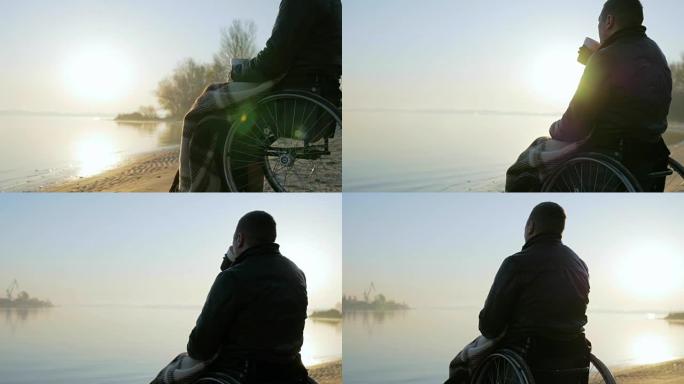 残疾人坐在轮椅上，残疾人手中拿着一杯热饮料残疾人带着希望迎接黎明