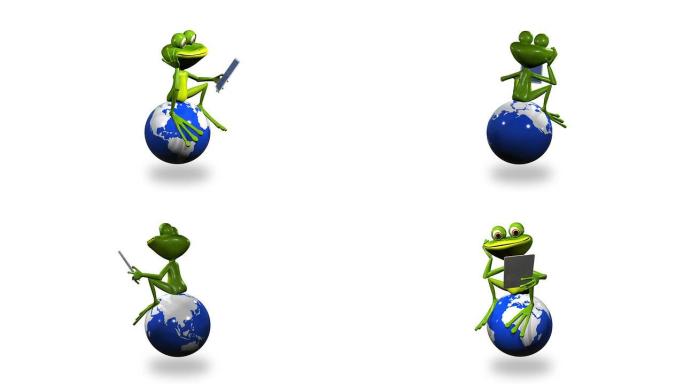 带有平板电脑的地球仪上的动画青蛙
