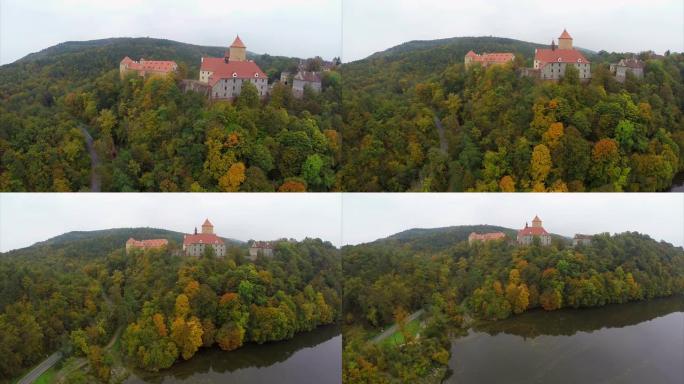 建立射击古代中世纪城堡领主骑士住宅。美丽的空中拍摄欧洲，文化和风景，相机在空中平移。无人机在欧洲陆地