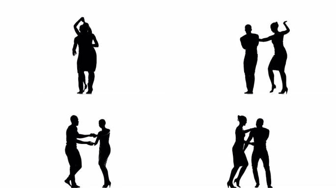 几个社交拉丁裔舞者，欧洲女孩和美国黑人开始在白色，剪影上跳舞