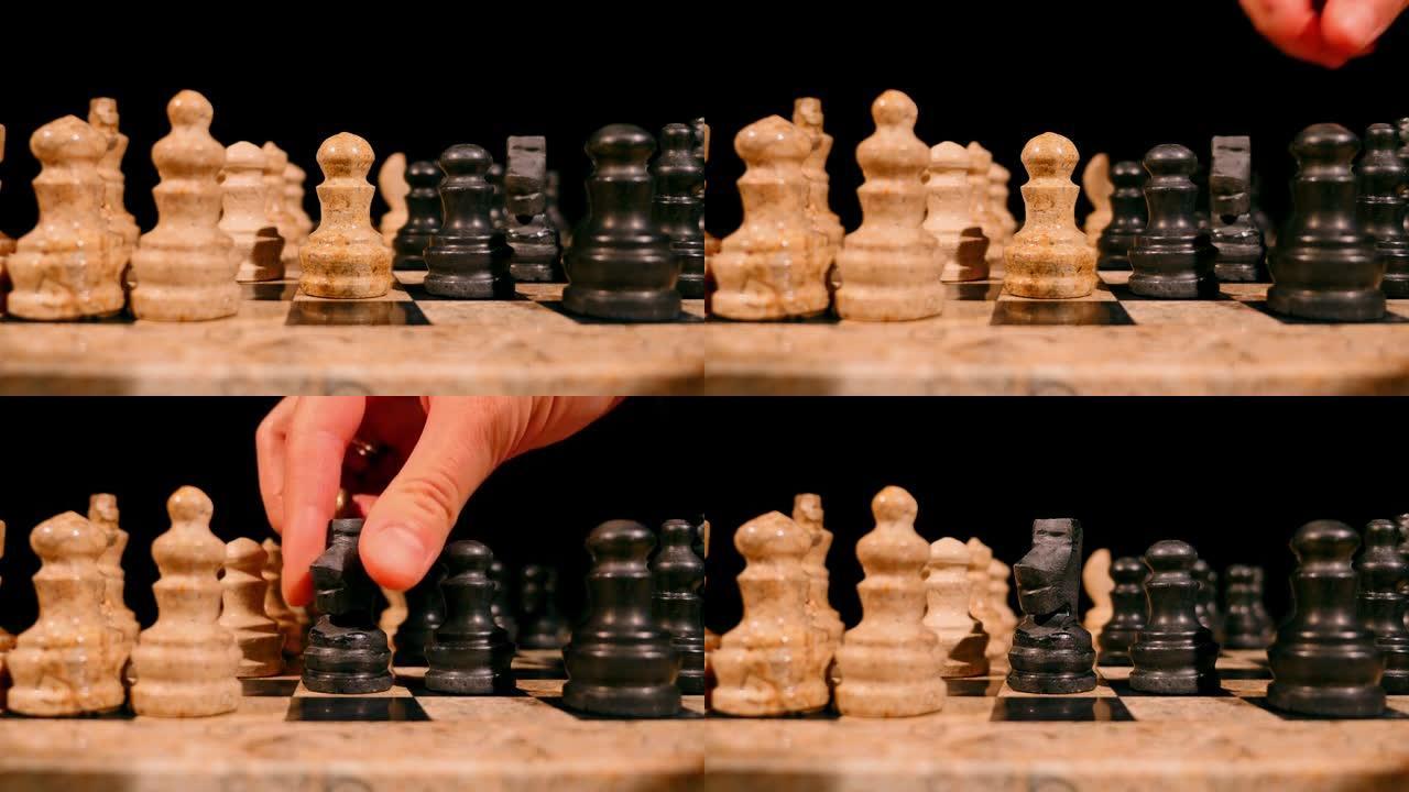 象棋游戏和黑骑士的低角度镜头