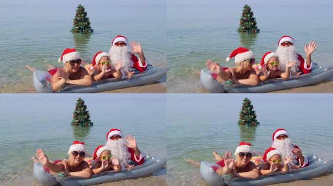 一家人躺在沙滩上冲浪，在水中挥舞着圣诞树
